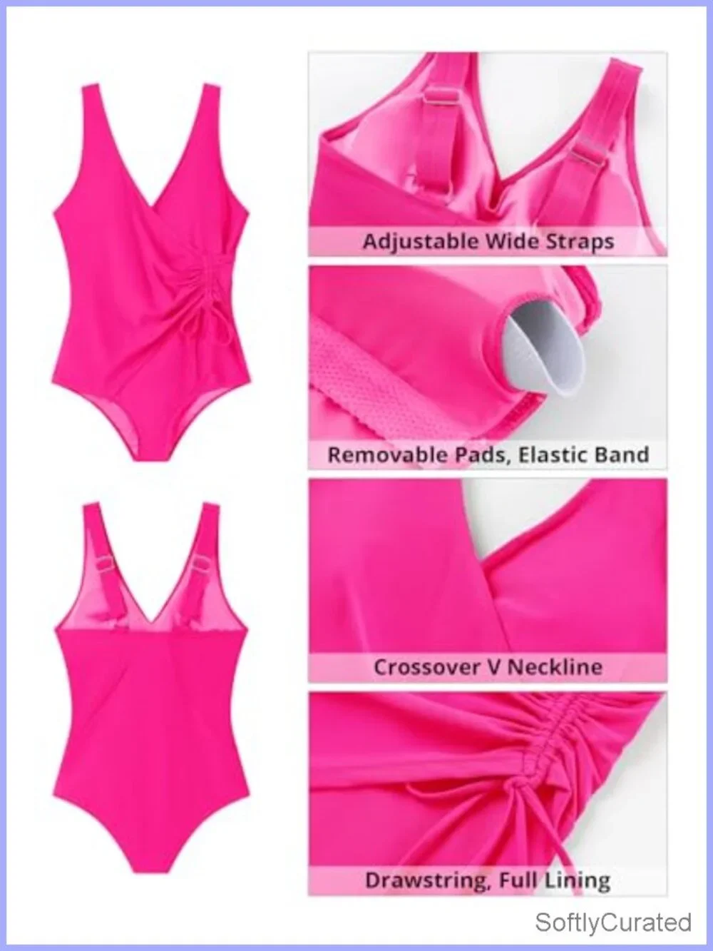 V-Neck One Piece Swimsuit with Adjustable Straps and Removable Padding